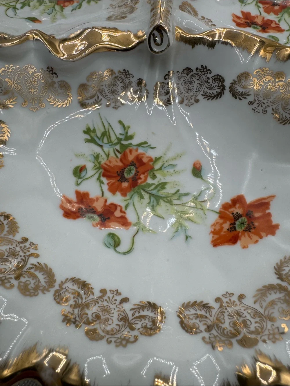Victoria Carlsbad Divided Serving Dish Handle orange flowers Gold Trim scalloped